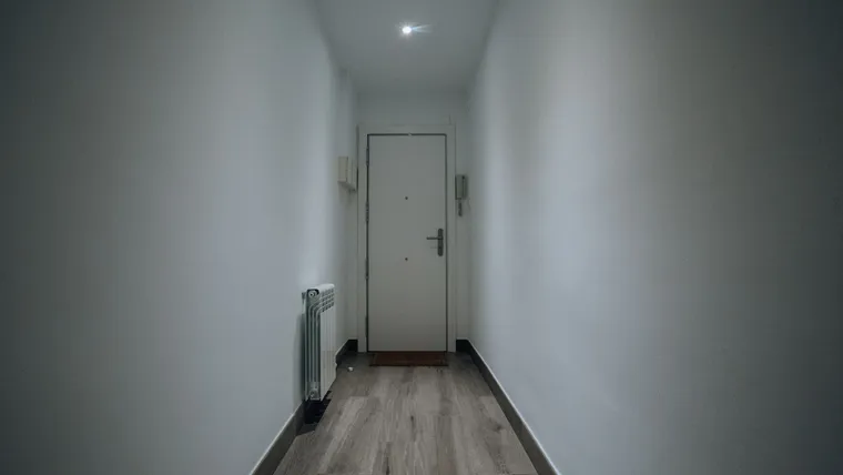 Gray plank flooring in a narrow hallway ending at a white door