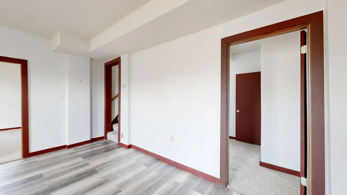 Gray vinyl plank meeting carpet at a doorway with red-brown trim